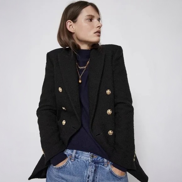 Zara Jackets & Blazers - Zara - Double Breasted Textured Weave Blazer - Black